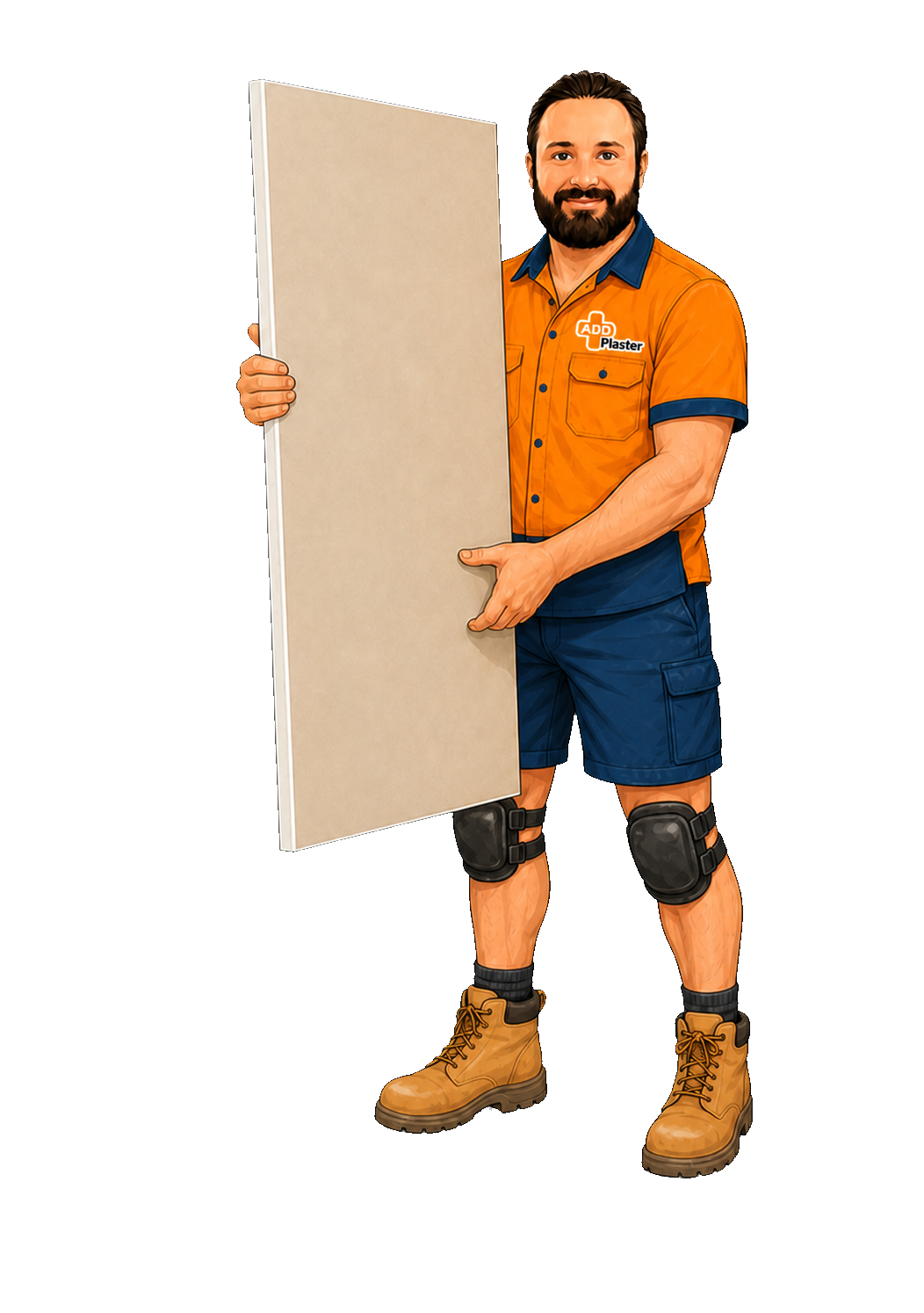 Cartoon Greg carrying plasterboard in summer workwear