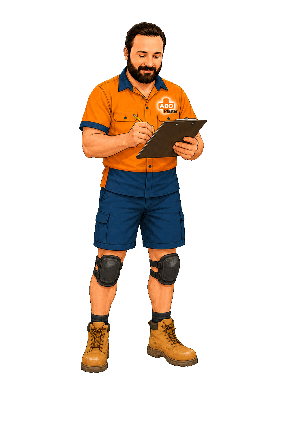 Cartoon Greg checking a quote in summer workwear