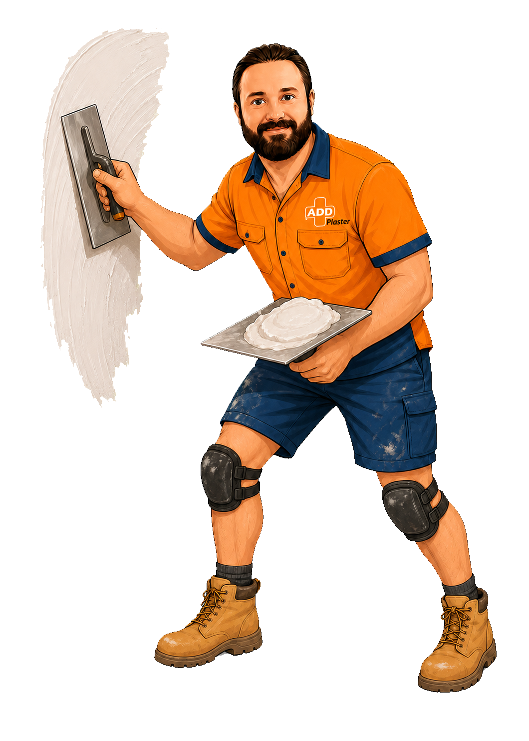 Cartoon Greg trowelling plaster in summer workwear